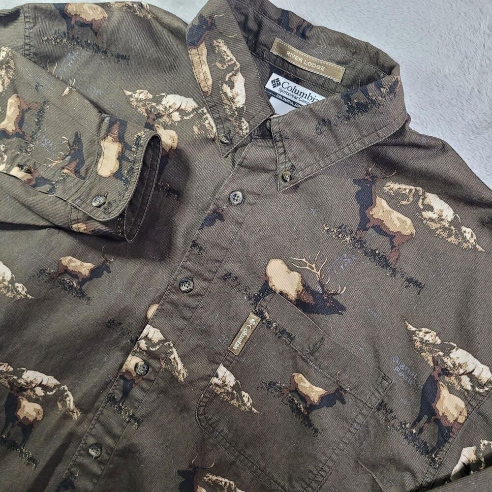 Columbia River Lodge Shirt Mens Large Brown Corduroy Long Sleeve Elk Wildlife